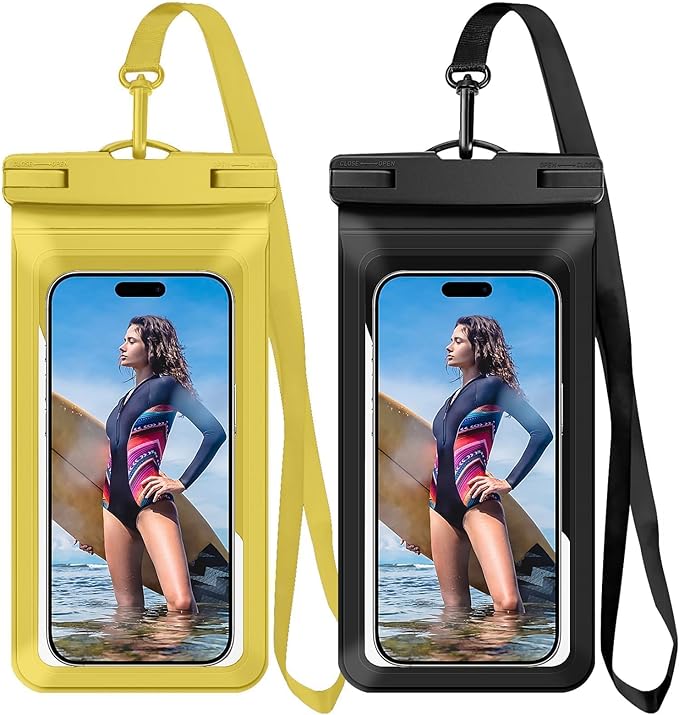 Waterproof Phone Case,with Inside Card Protector, IPX8 Cell Phone Dry Bag Up to 8.3" for iPhone 17 16 15 14 13 12 Pro Max XS Plus Galaxy S22, Cruise Vacation Essentials, 2 Pack Black &Yellow