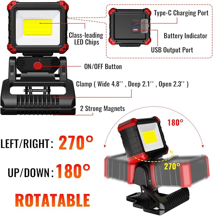 Easymaxx LED Rechargeable Work Light with Clamp, 2Pack 2100LM COB Magnetic Clip on Worklight 270° Rotating with Mobile Charger, Portable Clamp Work Light for Boats, Car Repairing, Job Site Lighting