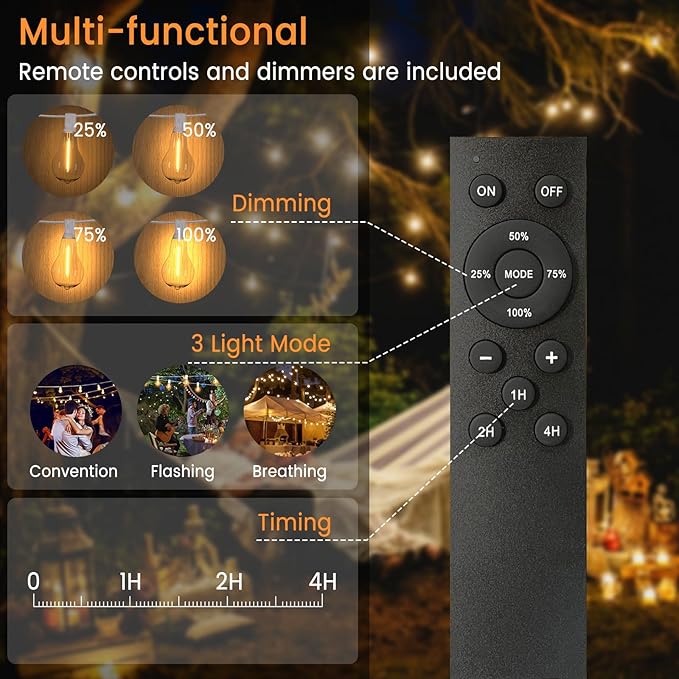Outdoor String Lights, 75FT Patio Lights with 50+3 Bulbs(1.5FT Bulbs Spacing), Outdoor String Lights, Remote & Dimmer, 3 Mode Light & Timing, 50PC Mounting Ties for Outside, 2200K (White)