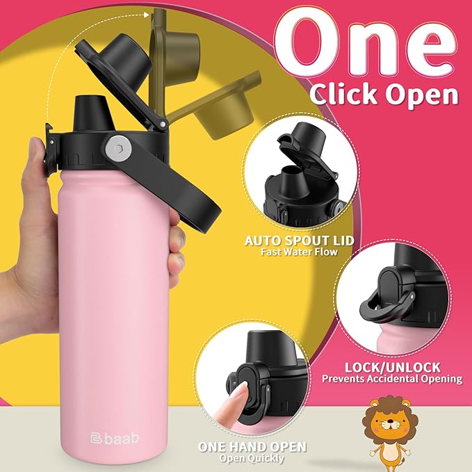 baab 18oz Kids Water Bottle, Insulated Kids Water Bottle with Lockable Spout Lid & Stickers, 18/8 Stainless Steel Vacuum Leakproof Kid Water Cup with Handle for Sports Boy Girl & School (Pink, 1 Pack)