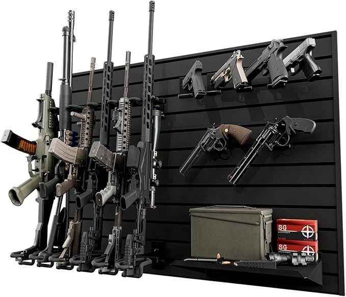 Hold Up Displays Gun Wall Mount Display, Modular Tactical Wall for 6 Pistols and 6 Rifles, Police Gear Rack and Equipment Organizer, Heavy-Duty Aluminum Slatwall Gun Storage System