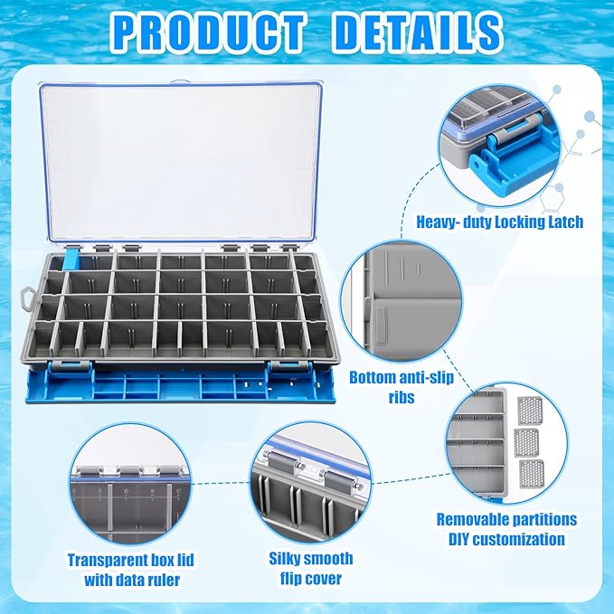 Junkin 6 Pack 3700 Fishing Tackle Boxes Waterproof, Large Blue Lure Organizer Trays with Custom Dividers, Airtight Tackle Storage Case for Saltwater Baits, Swimbaits & Boat Bag Accessories