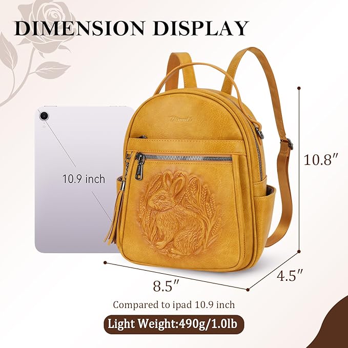 Mini Backpack Purse for Women,Embossed Leather Small Backpack Fashion Travel Backpacks Daypacks Shoulder Handbag (YELLOW-Rabbit)