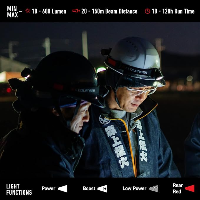Ledlenser H8R Headlamp - Black, 3000 mAh Li-ion, 158g - 120-Hour Runtime & Rechargeable Flashlight - 600 Lumens Output & LED Headlamp - Red Rear Safety Light & Hardhat Light