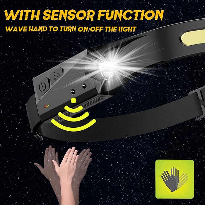 LED Headlamp, 2 Pack Rechargeable Flashlight for Adults, 230 Wide Beam Headlight, Motion Sensor Head Lamp, Adjustable Headband Outdoor Waterproof Head Light for Running, Camping, Hiking
