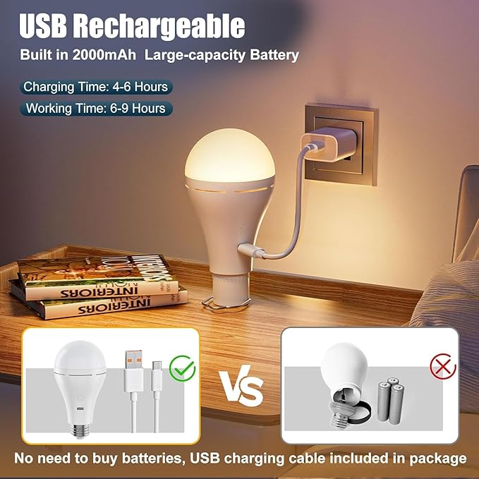 Brightown USB Rechargeable Light Bulb with Remote and Timer, Battery Emergency Light Bulbs for Home Power Outage, Hanging LED Light Bulb with Hook for Outdoor Camping Tent, 700LM, 6000K, 2 Pack