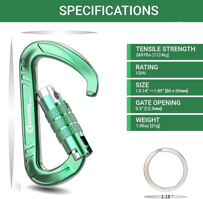 3inch Auto Locking Carabiner Clips Heavy Duty, 12KN /2697lbs Lightweight keychain carabiners, Sturdy Twist Lock Caribeeners for Camping Hiking Hammock Swing Backpack, dog leash and Harness etc