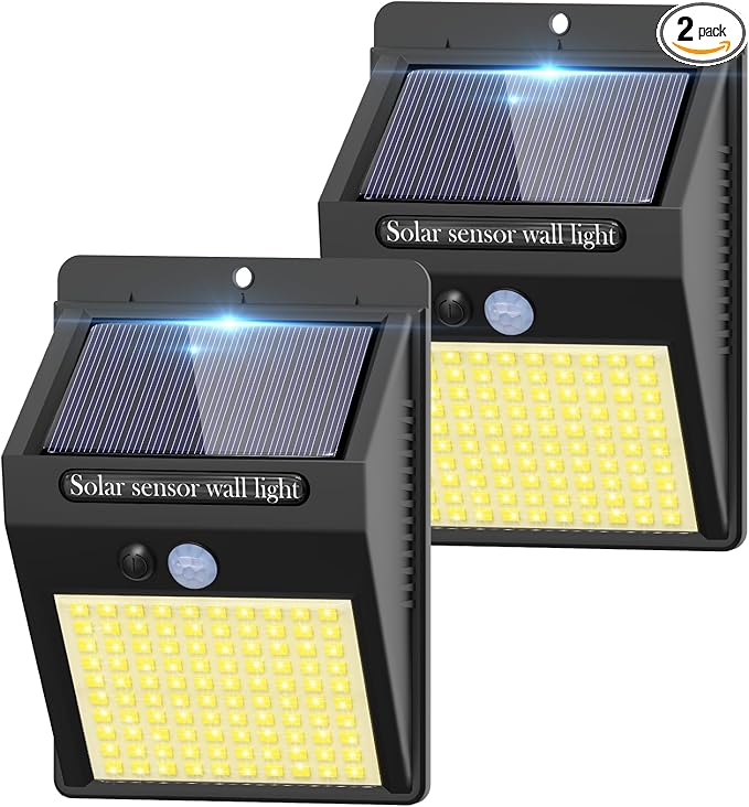 2 Pack Outdoor Solar Motion Lights - 3 Modes/100LED Wireless, IP65 Waterproof Solar Security Lights with Motion Sensor for Front Door, Backyard, Garage, Deck (Warm White)