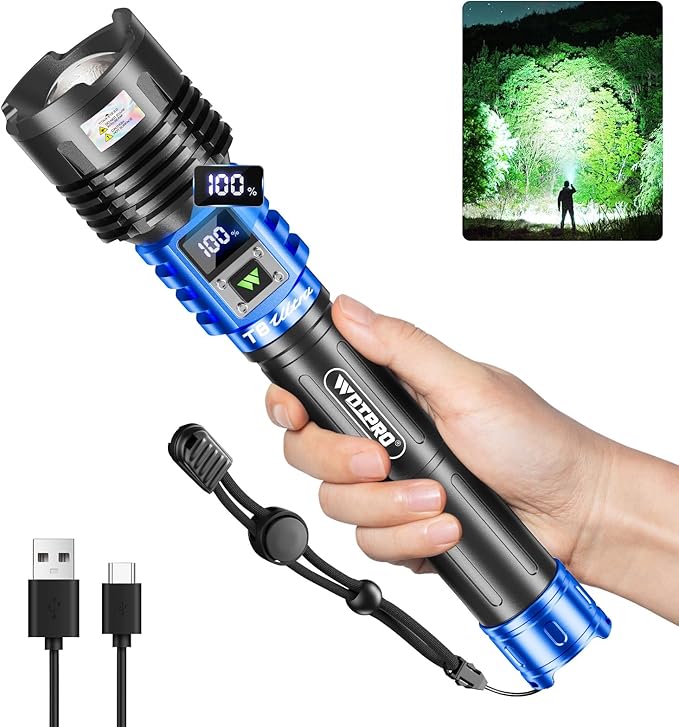 WdtPro Rechargeable LED Flashlights High Lumens, Super Bright 90000LM Rechargeable Flashlight with LCD Display, 5 Modes & Waterproof Powerful 10000mAh Handheld Flashlight for Camping Emergency Blue
