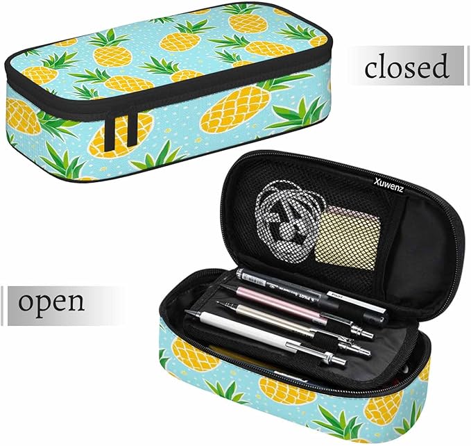 Pineapple Pencil Bag Tropical Fruit Exotic White Polka Dots Yellow Blue Big Capacity Pencil Case Pencil Pouch Pen Bag School Students Boy Girl