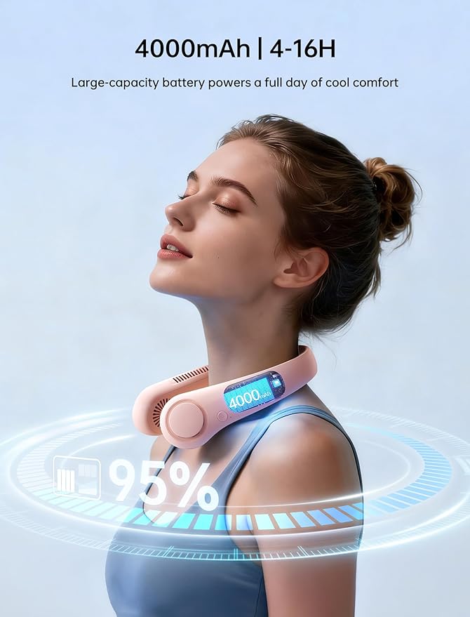 JISULIFE Portable Neck Fan, Hands-Free Bladeless, 5 Speeds, 4000 mAh Battery Operated Wearable Personal Fan, Twistable, Rechargeable, Gift for Women Men-Pink