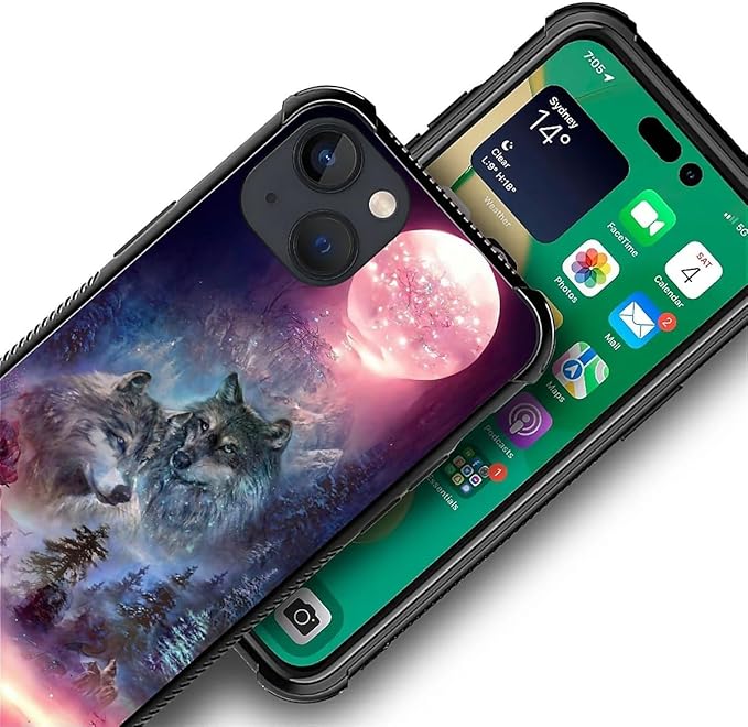 for iPhone 13 Case, Star Two Wolfs Howling Pattern Graphic Design Girl Boy Soft Silicone Hard Acrylic Shock Protection for iPhone 13