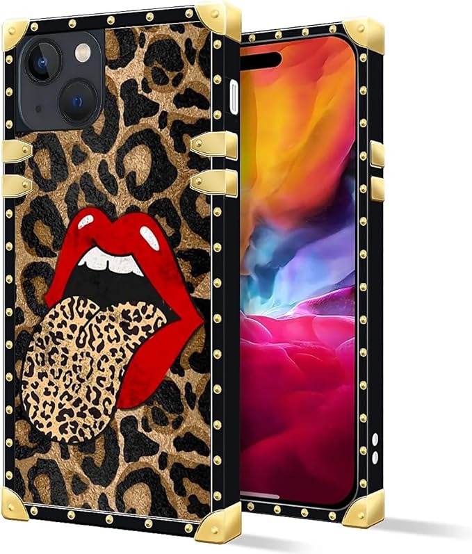 Compatible with iPhone 15 Case, Brown Leopard Print Mouth Luxury Golden Decoration for Girl Women Soft TPU Shockproof Protective Hard PC Back for iPhone 15