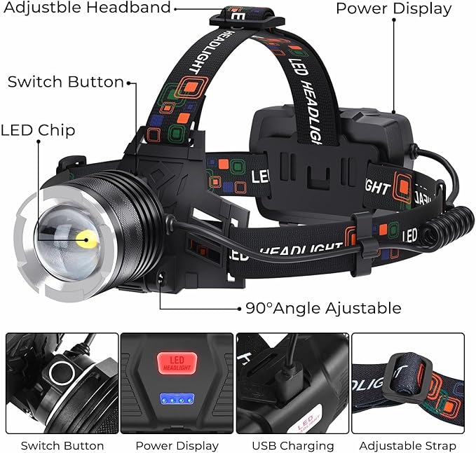 LED Rechargeable Headlamp, 99,000 Lumens Head Lamps (Include Βattery) Super Bright Long Distance Headlamps with 5 Mode Waterproof, 90° Adjustable Head Lights for Forehead Adults Outdoor Camping