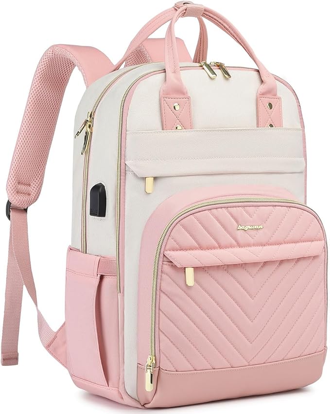 bagswan Laptop Backpack for Women Work - 15.6 Inch Travel Backpack Fashion Work Business Backpacks Purse Warterproof College Teacher Nurse Computer Daypack Beige Pink