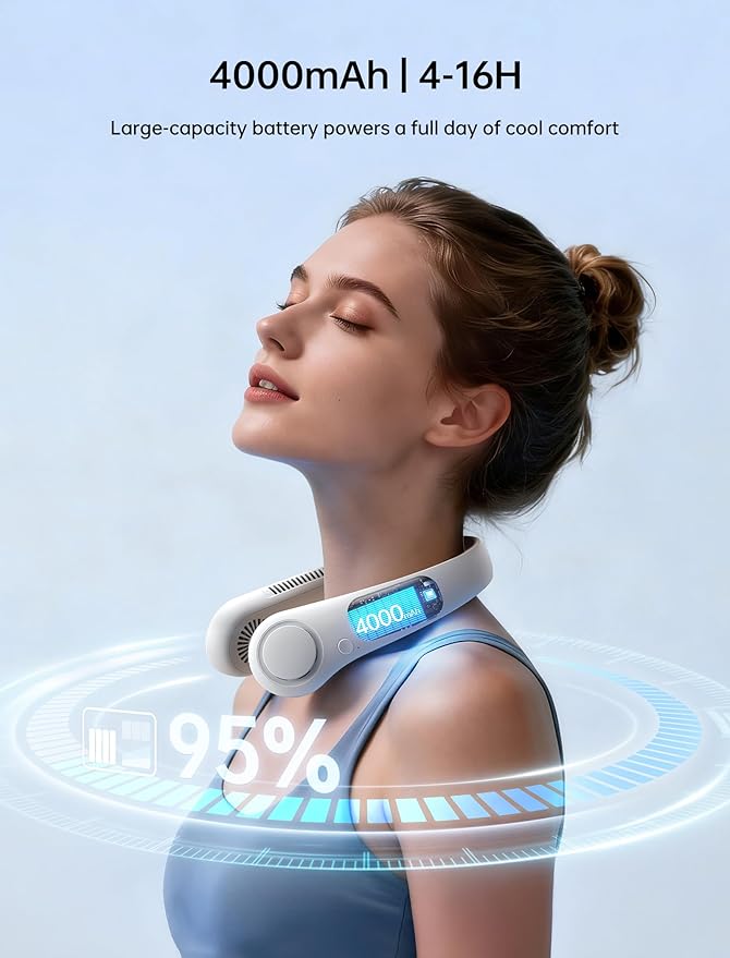 JISULIFE Portable Neck Fan, Hands-Free Bladeless, 5 Speeds, 4000 mAh Battery Operated Wearable Personal Fan, Twistable, Rechargeable, Gift for Women Men-Grey