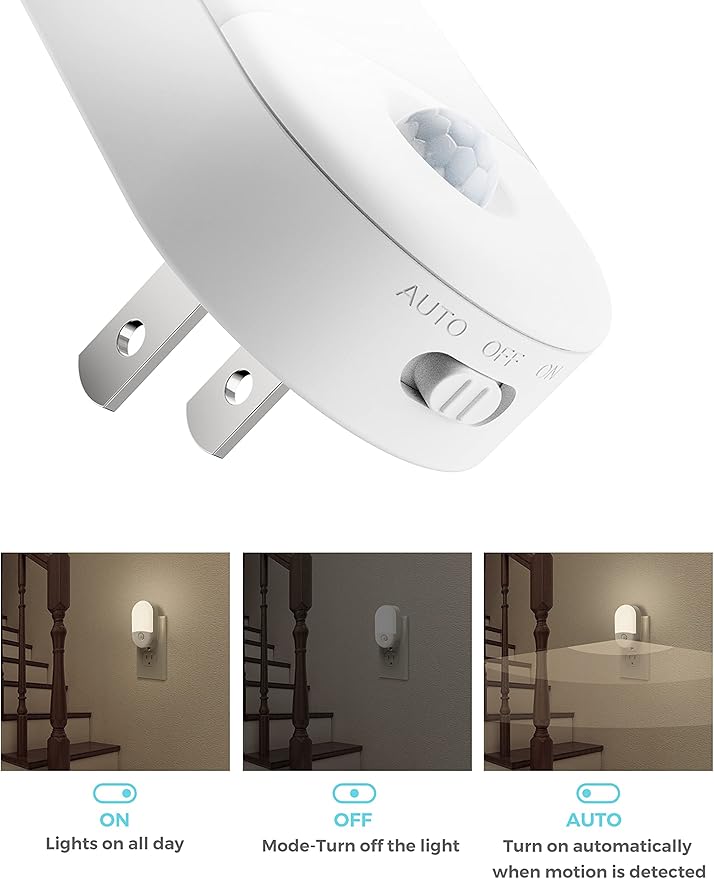 L LOHAS LED Motion Sensor Night Light Plug in, Motion Activated Night Light, 5000K Daylight White, Night Lights Plug Into Wall, Adjustable Brightness, Nightlights for Bathroom, Kids, Hallway, 4 Pack