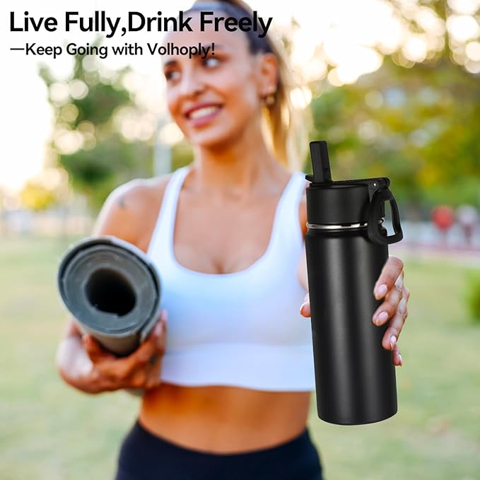 Volhoply 18oz Insulated Water Bottle Bulk 2 Pack,Kids Stainless Steel Water Bottles with Straw Lid,Wide Mouth Reusable Metal Bottle,Double Wall Vacuum Sports Flask For Cold Drink(Black,2 Set)