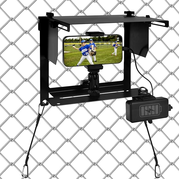 Game Changer Fence Mounting Kit - Phone Fence Mount Holder for Baseball - Fence Mount for Mevo with Adjustable Shade and Power Bank Clip for iPhone, Samsung, GoPro and Other Action Cameras