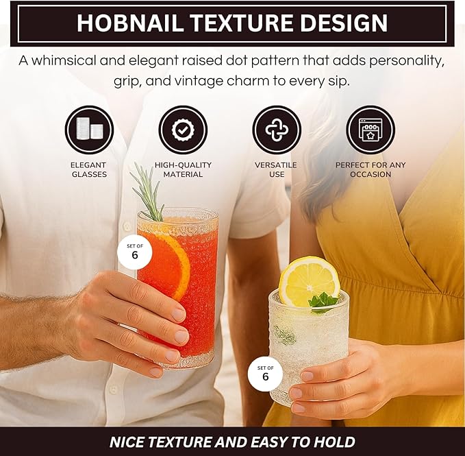 Khen Vintage Hobnail Drinking Glasses Set of 12, 13oz Highball Glasses & 10 oz Lowball Tumblers, Kitchen Water Glasses Cup, Bar Water, Juice, Cocktails Beer, Milk Indoor/Outdoor Bar & Party Drinkware