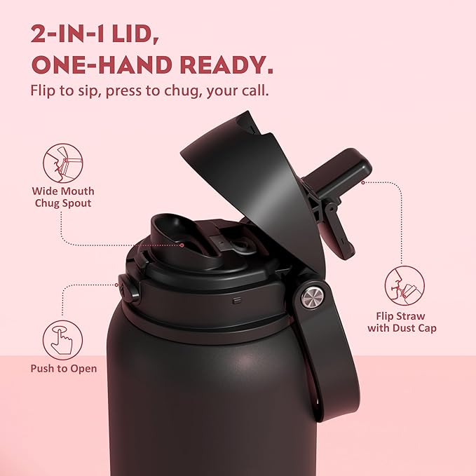 POWCAN 40 oz Stainless Steel Water Bottle: 2-in-1 Push-Button Spout & Quick-Flip Straw Lid, Leakproof, Keep Cold 24Hrs, BPA-Free, Insulated Water Bottle for Sports, School, Travel, Gym, Gift (Queen)