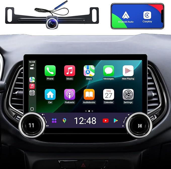 Car Stereo Radio for Jeep Compass 2017-2020 Wireless CarPlay Android Auto GPS Navigation Head Unit Touch Screen Radio Replacement Installation Kit Upgrade (Double Knobs 6+128)
