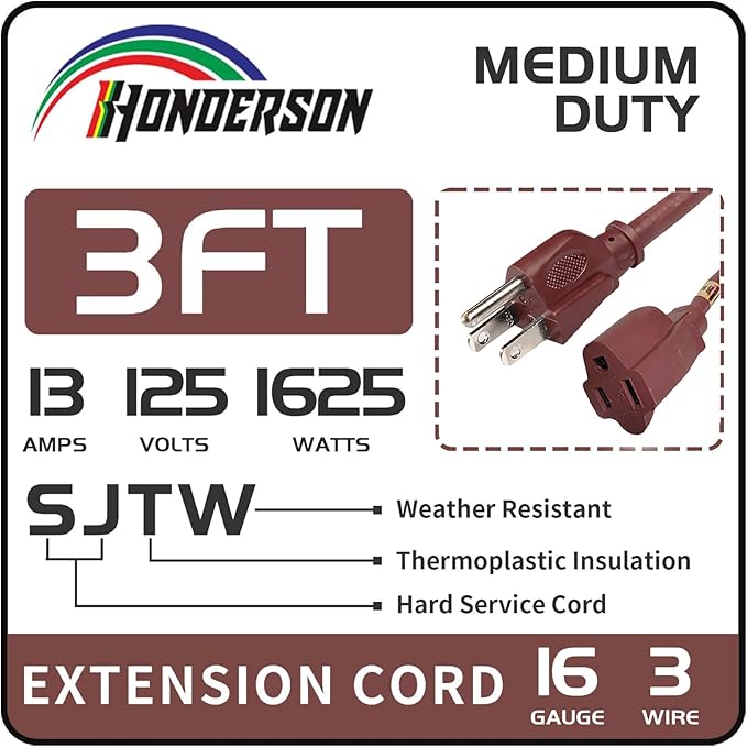 3FT Brown Extension Cord-16/3 SJTW Durable Extension Cord for Christmas Lights with 3 Prong Grounded Plug, Great for Christmas Decorations