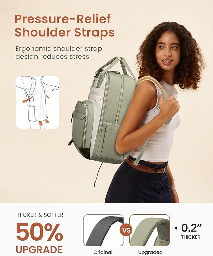 LOVEVOOK Laptop Backpack for Women with Giant Tumbler Holder Pocket,18.4 inch School College Book Bag Nurse Teacher Backpack,Work Travel Backpack Laptop Computer Bag,Pea green-Light yellow-Burlap blue