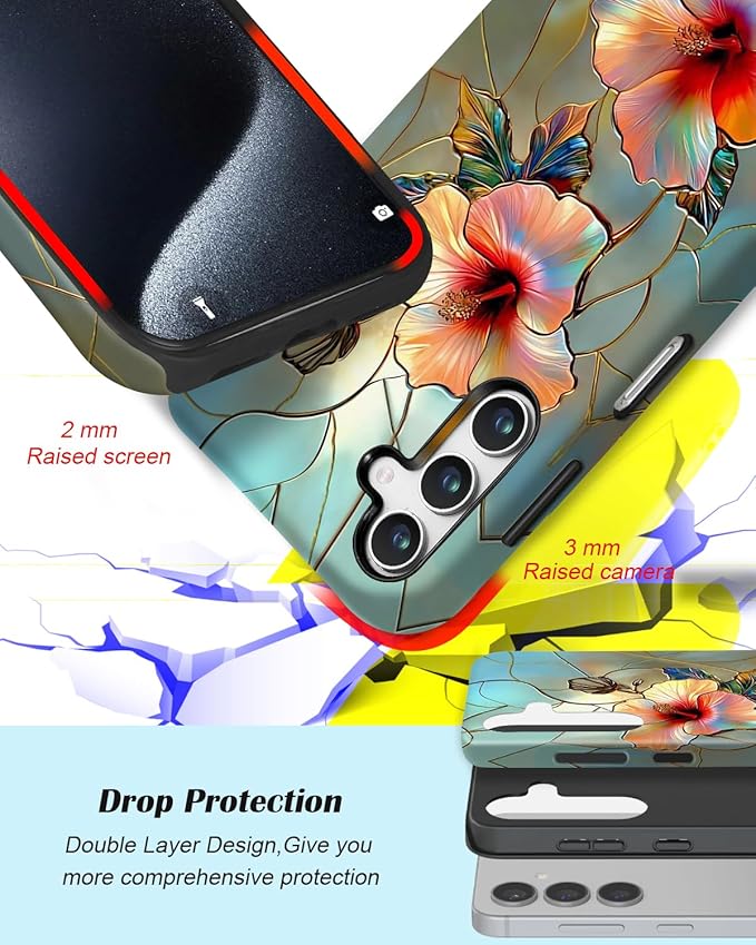 Compatible for Samsung Galaxy S26 5G Case, Dual Layer Heavy Duty 2 in 1 Shockproof Protective Phone Case,Stained Glass Floral Hibiscus