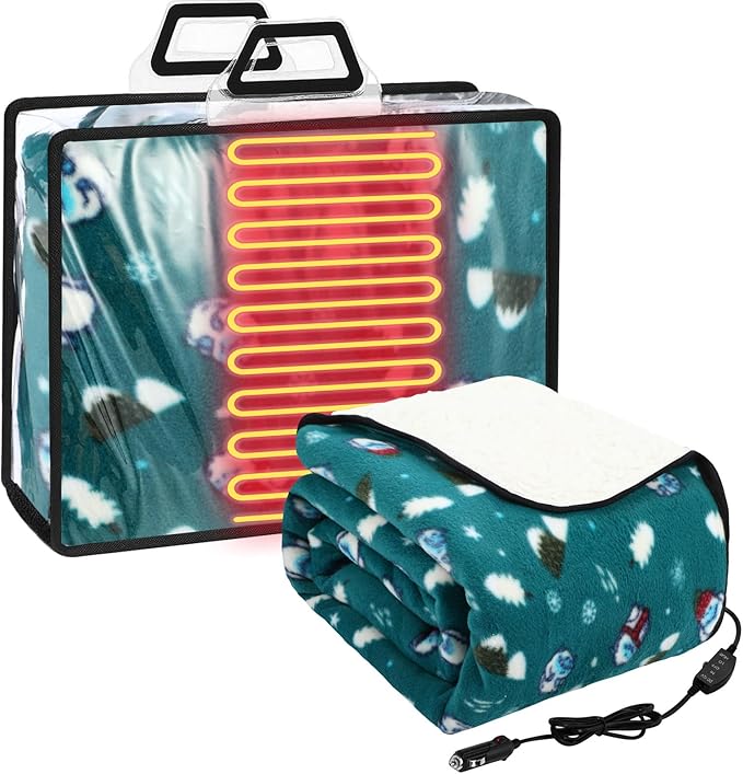 Riakrum 12V Car Heated Blanket for Cold with 2 or 3 Heating Levels 58 x 43 Emergency Winter Adjustable Temperature Electric Blanket Throw Gift Plugs in Car RV Truck SUV(Fresh Color,Snowman)