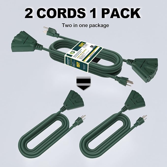 EP 2 Pack 15 Ft Outdoor Extension Cord with 3 Electrical Power Outlets - 16/3 SJTW Green Cable with 3 Prong Grounded Plug for Safety Great for Christmas Lights, Garden and Major Appliances