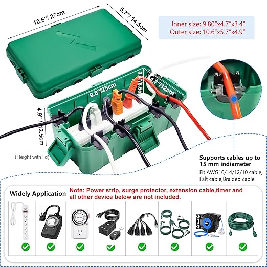 Hrensaw Medium Outdoor Electrical Box(10.6x5.5x4.5inch),IP54 Waterproof Extension Cord Cover w/6 Cable Entry,Weatherproof Connection Box Protect Power Strip,Timer,Plug,Holiday Lights,Green