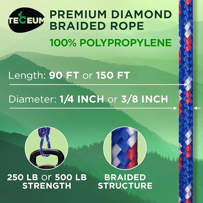 TECEUM Rope – 150 Feet x 1/4 Inch (7mm) – Patriot Mix – Strong All-Purpose Utility Rope – Camping, Crafting, Flag Pole, Indoor & Outdoor – Polypropylene Nylon Poly Lightweight Diamond Braided Cord
