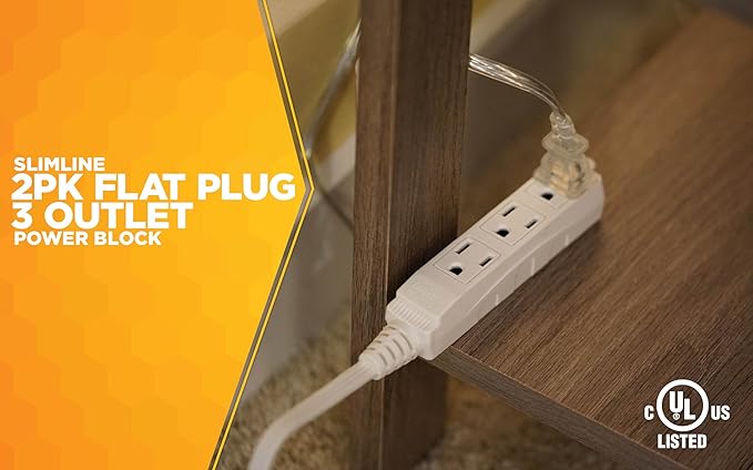Woods Slimline Angled Flat Plug Extension Cord; Space Saving Flat Design; 3 Grounded Outlets; 13-Foot; 13 Amps; 1625 Watts; 125 Volts; UL Listed; 2232 (Pack of 6)
