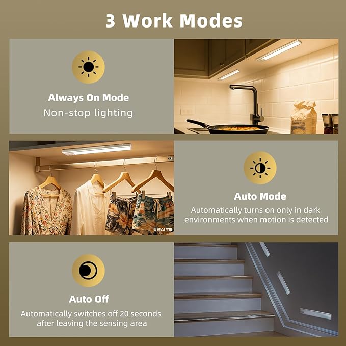 10inch Under Cabinet Lighting, 4 Pack Rechargeable Motion Sensor Light Indoor, Wireless Dimmable Magnetic Closet Lights, 40 LED Under Counter Lights for Kitchen, Wardrobe, Stairs, Warm Light