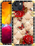 Compatible with iPhone 15 Case, Shining Red Rose Butterfly Leather Background Luxury Golden Decoration for Girl Women Soft TPU Shockproof Protective Hard PC Back for iPhone 15