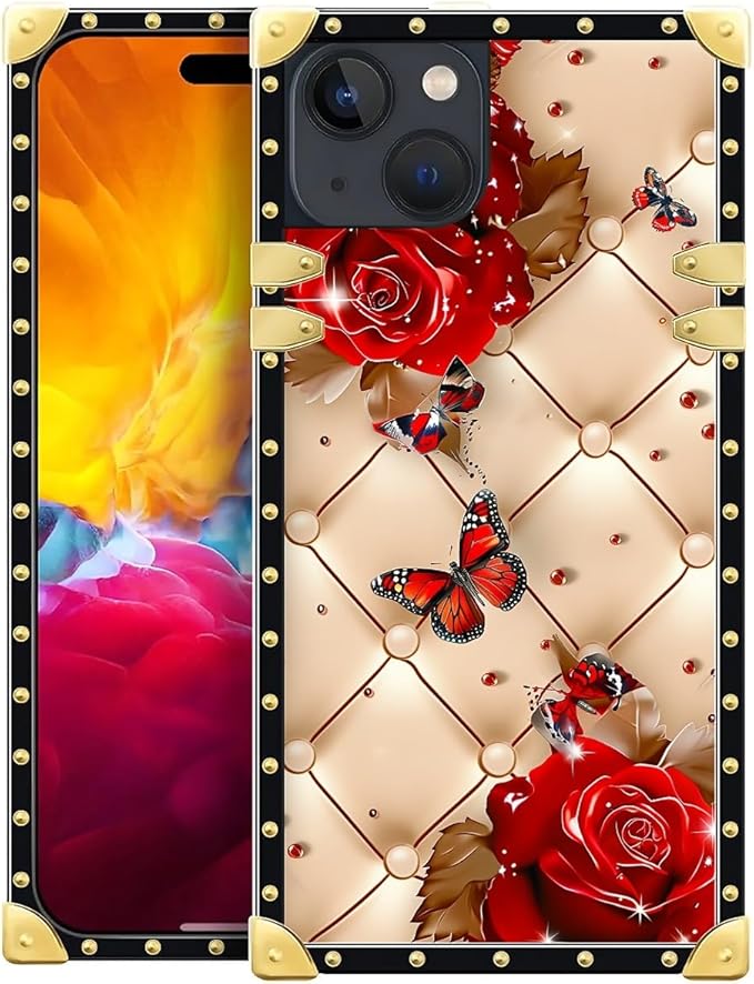 Compatible with iPhone 15 Case, Shining Red Rose Butterfly Leather Background Luxury Golden Decoration for Girl Women Soft TPU Shockproof Protective Hard PC Back for iPhone 15