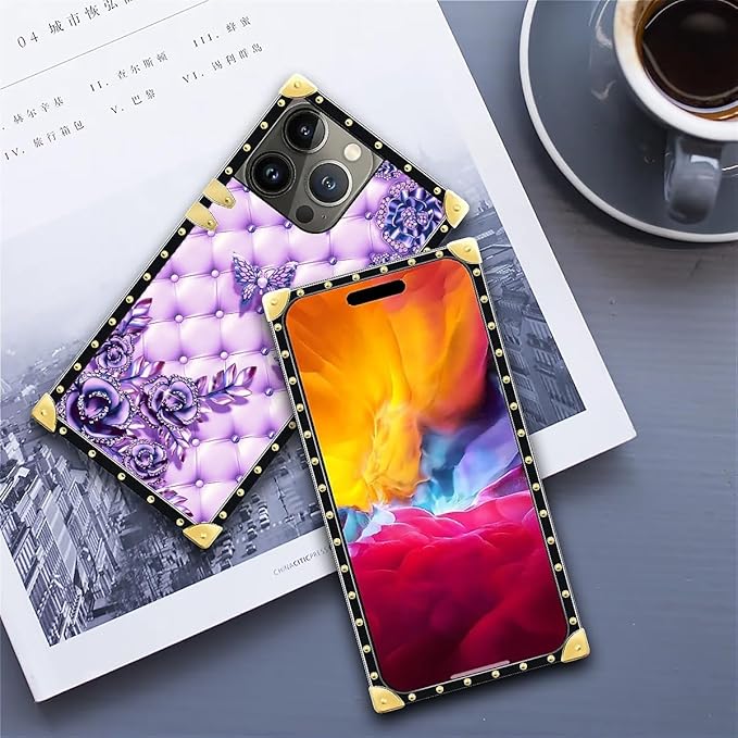 Compatible with iPhone 15 Pro Max Case, Purple Butterfly Flowers Leaf Luxury Golden Decoration for Girl Women Soft TPU Shockproof Protective Hard PC Back for iPhone 15 Pro Max
