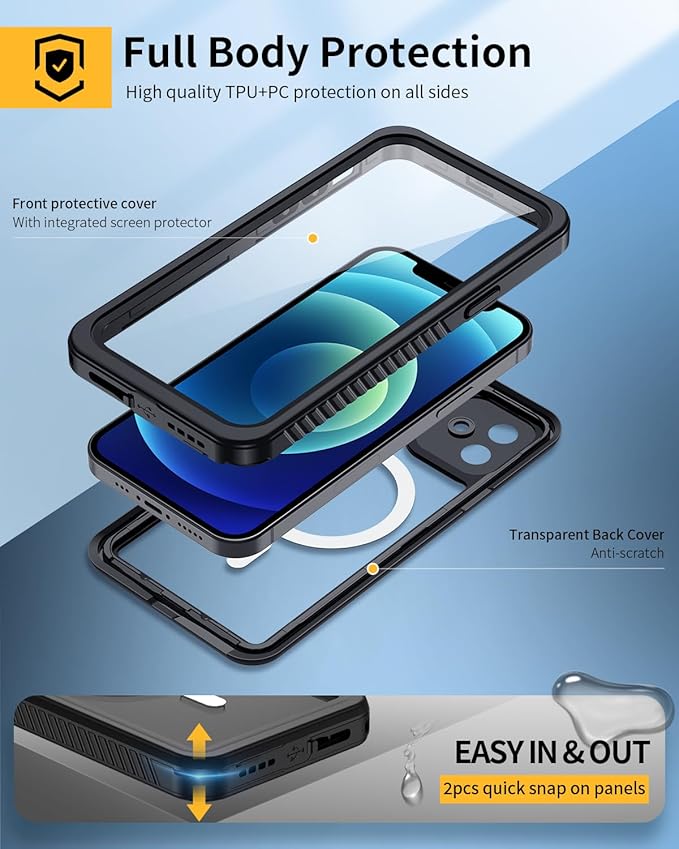 Lanhiem for iPhone 12 Magnetic Case, [Compatible with MagSafe] IP68 Waterproof Dustproof Case with Built-in Screen Protector, Full Body Shockproof Protective Phone Cover for iPhone 12 6.1 inch -Black