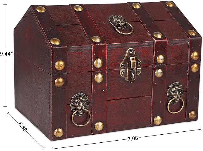 SICOHOME Large Treasure Chest 9.4“x6.9”x7“ Wooden Pirate Treasure Box with Hinged Lids, Rustic Vintage Decorative Keepsake and Jewelry Box, Trinket Storage Chest Box Christmas Ornament Storage