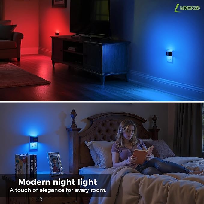 L LOHAS LED Night Light with Motion Sensor & Dusk to Dawn Sensor, Night Lights Plug into Wall with 30-100lm Adjustable Brightness, Dimmable Night Light for Bathroom Hallway, Blue, 2 Pack