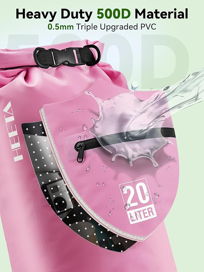HEETA Waterproof Dry Bag with Front Zippered Pocket for Women Men, 5L/10L/20L/30L/40L Roll Top Lightweight Dry Storage Bag Backpack for Travel, Kayaking, Boating, Rafting, Camping, Hiking & Beach