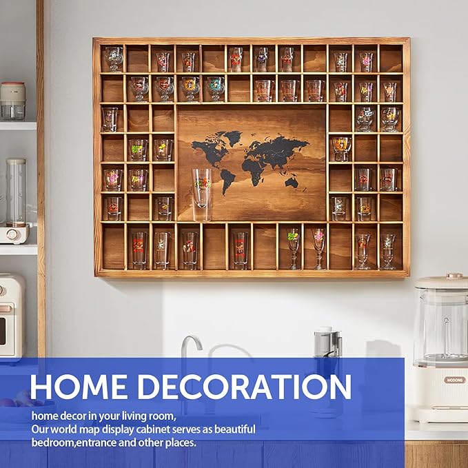 Large Shot Glass Display Case with World Map,60 Slots, 34 X 26 Inch Rustic Wood Shot Glass Display Cabinet for 2 Size -In Rooms Bars Wine Cellars with Shot Glasses Jewelry Shell & Keepsakes