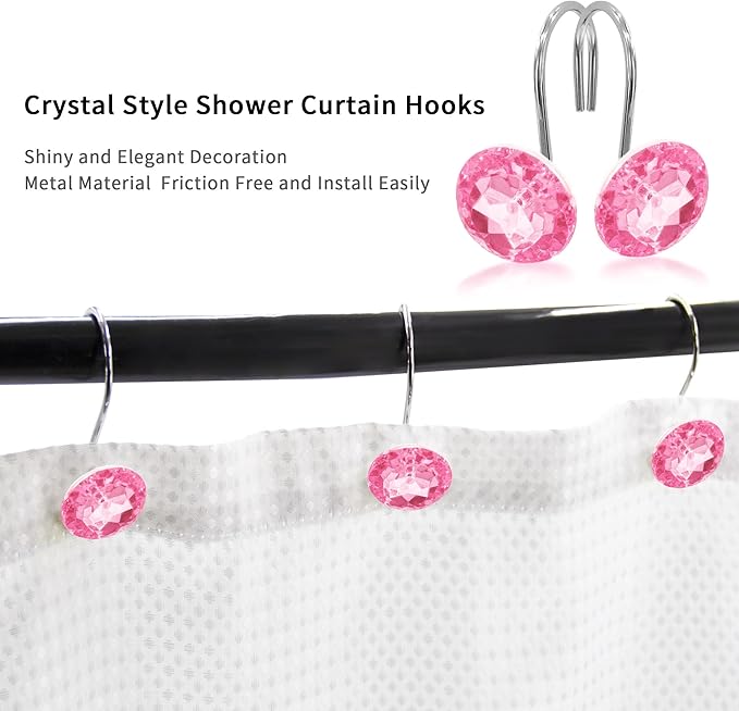 MitoVilla Pink Shower Curtain Hooks Rings, Metal Shower Hooks for Shower Curtain & Liner, Dark Pink Rust Proof Shower Rings for Bathroom Shower Rod, 12 Pack Bathroom Set
