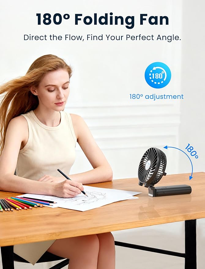 HandFan 5200mAh Portable Handheld Fan, Personal Hand Held Fan USB Rechargeable, 180° Foldable,3 Speeds Strong Airflow Cooling Fan for Travel/Outdoors/Beach/Concerts/Disney/Games/Picnics/Park (Black)