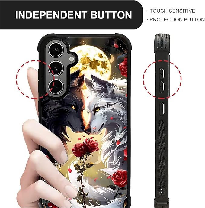 for Samsung Galaxy S24 S25 Plus Case, Black White Wolf Moon Flower Rose Pattern Graphic Design Girl Boy Soft Silicone Hard Acrylic Shock Protection for Samsung Galaxy S24 S25 Plus