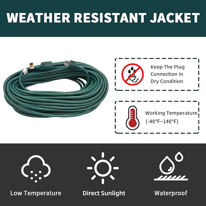 40FT Outdoor Extension Cord-16/3 SJTW Durable Green Extension Cable with 3 Prong Grounded Plug for Safety,Great for Outside Christmas Decorations