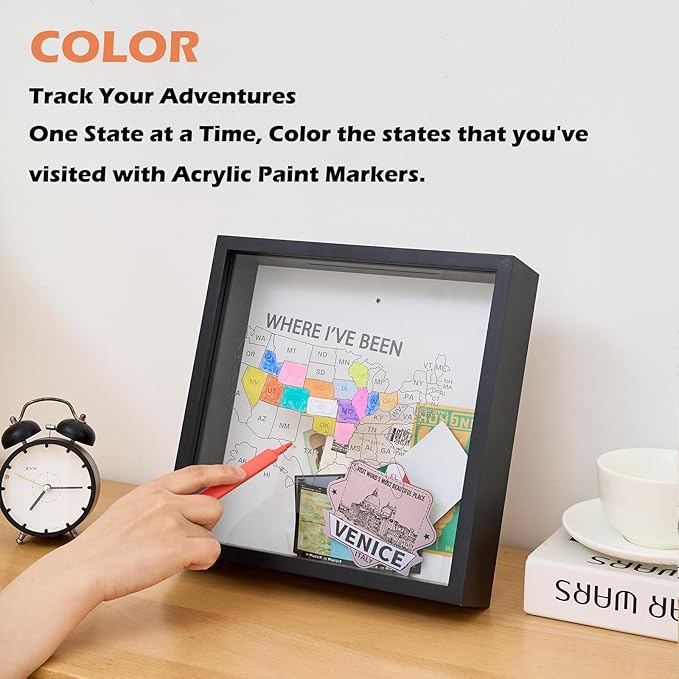 Where I've Been US Map Wooden Shadow Box Frame Wall Decoration, Travel Adventure Archive Box Tickets , 50 States Travel Map USA Map Tracker (Black 10.6” x 10.6” )