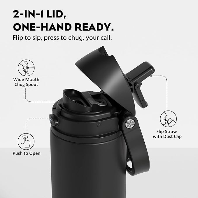 POWCAN 18 oz Insulated Water Bottle: 2-in-1 Push-Button Spout & Quick-Flip Straw, Leakproof, Cold 24Hrs, Fits Car Cup Holder, Stainless Steel Water Bottle for Sports, Travel, School (Very Black)