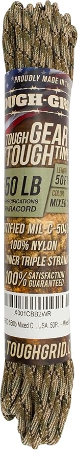 TOUGH-GRID 550 Paracord, Type III Mil-Spec Nylon Rope - 50 Ft Mixed Camo Tactical Survival Cord